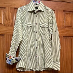 Jared Lang Green Striped Blouse Size Large